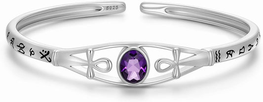 Amethyst Ankh Cross Cuff Bracelet Sterling Silver Egyptian Protection Bangle, February Birthstone Gift for Her Purple Crystal Healing Jewelry