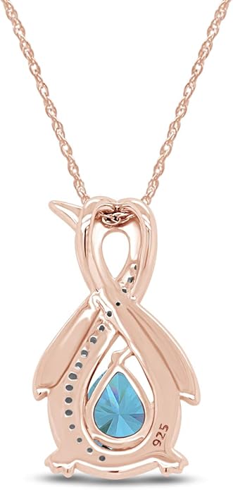 Infinity Penguin Pendant Necklace for Women, 14K Gold Over Sterling Silver with Pear & Round Cut Simulated Birthstone & White Diamond Accents, Dainty Animal Jewelry Gift with 18" Chain