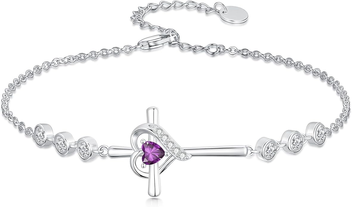 Cross Birthstone Charm Link Bracelet 925 Sterling Silver Cross Bracelet with 12 Months Birthstone Religious Christian Jewelry Gifts for Women Mom Her,Chain Length 7"+2" Extend