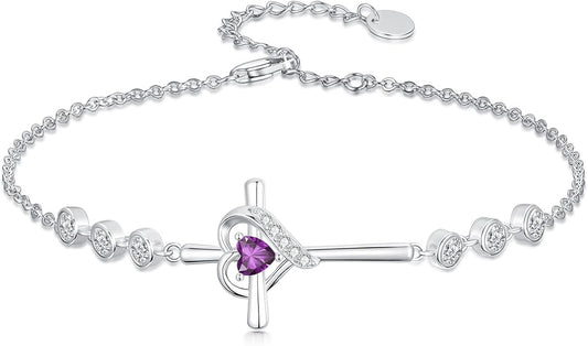Cross Birthstone Charm Link Bracelet 925 Sterling Silver Cross Bracelet with 12 Months Birthstone Religious Christian Jewelry Gifts for Women Mom Her,Chain Length 7"+2" Extend
