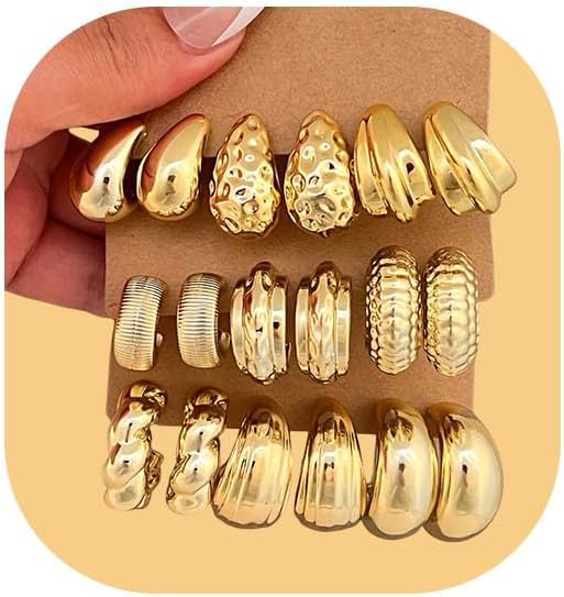 24 Pairs Chunky Gold Hoop Earrings Set for Women, Hypoallergenic Fashion Statement Hoops Earrings Pack Assorted Small Big Twisted Hoop Jewelry for Gift