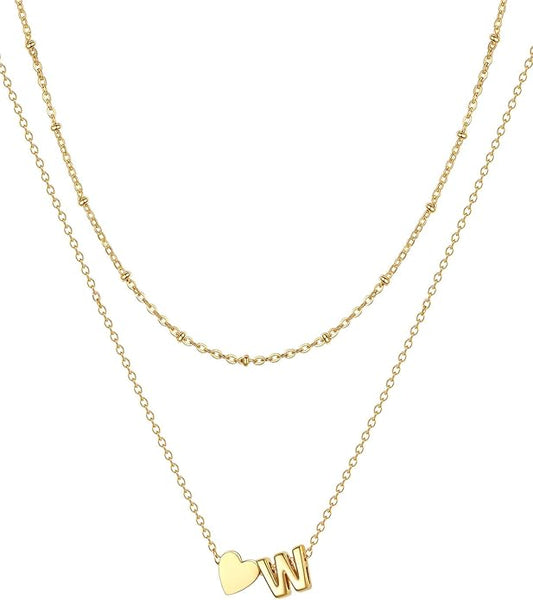 FOCALOOK Layered Initial Necklace for Women, 14K Gold Plated Choker Necklaces Stacks with Initial A-Z, Dainty Silver Heart Pendant Necklace Personalized Birthday Women Jewelry