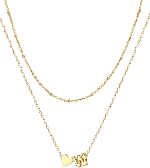 FOCALOOK Layered Initial Necklace for Women, 14K Gold Plated Choker Necklaces Stacks with Initial A-Z, Dainty Silver Heart Pendant Necklace Personalized Birthday Women Jewelry