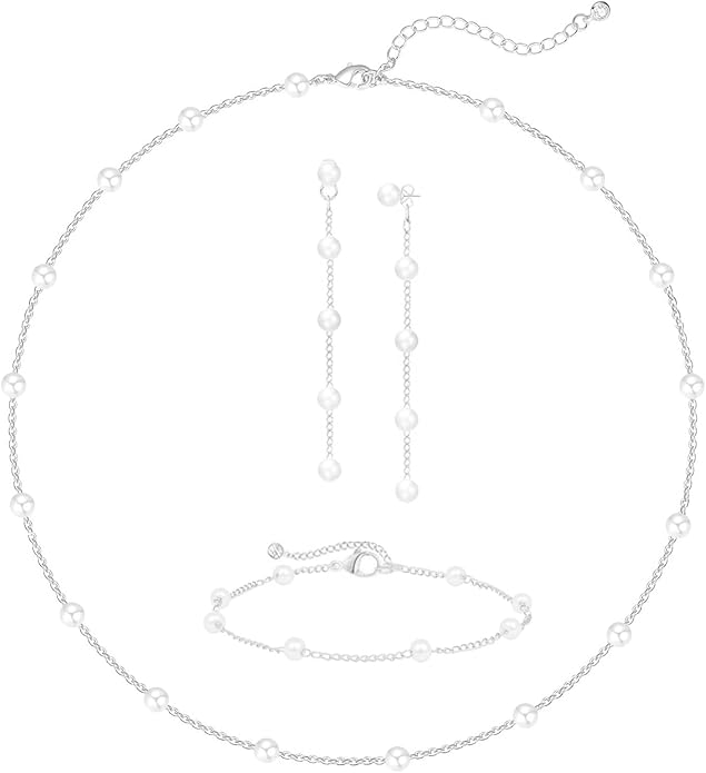 Gold Jewelry Set for Women - Dainty 14K Gold/Silver Plated Pearl Choker Necklace, Drop Earrings & Bracelets - Wedding Trendy Pearl Jewelry Gift