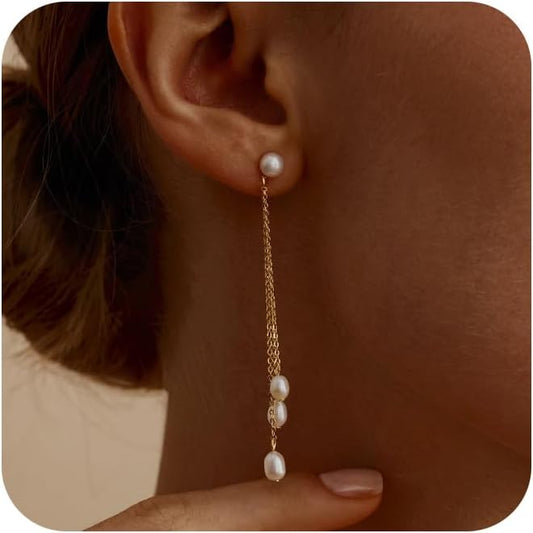 Moodear Dainty Pearl Dangle Earrings for Women - Trendy 14K Gold Plated Pearl Hypoallergenic Drop Earring Wedding Jewelry Gift