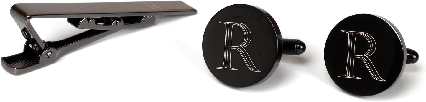 Mens Initial Cufflinks and Tie Clip A-Z Alphabet Letter Black Stainless Cuff Links Tie Bar with Engraved Walnut Wood Box Groom Groomsman Wedding Set