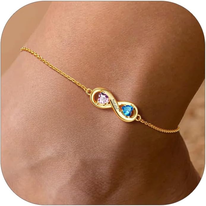 Custom4U Personalized Infinity Ankle Bracelets for Women 925 Sterling Silver Anklet Bracelet Endless Love Symbol Birthstone Charm Adjustable Foot Chain Jewelry Mothers Day Gifts for Mom Wife Women Her