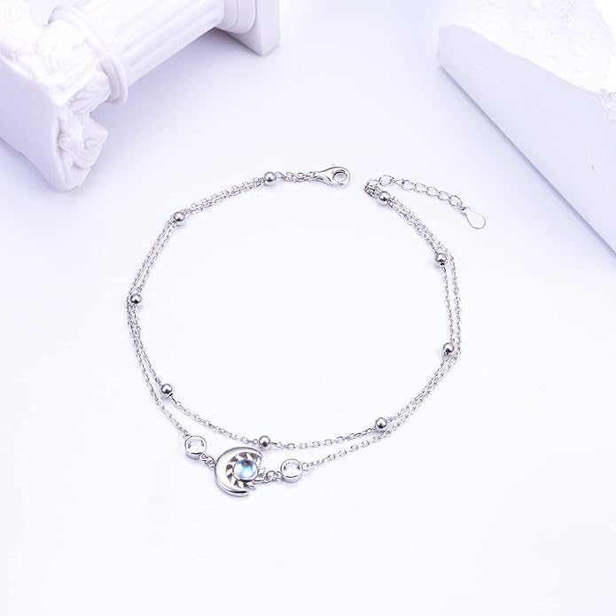 Anklets for Women 925 Sterling Silver Charm Layered Simulated Opal/Moonstone/Daisy/Infinity Summer Beach Ankle Bracelet Foot Chain Jewelry Birthday Valentine's Day Mother's Day Gift