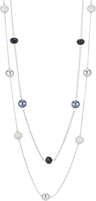Silver Layered Long Necklace for Women Pearl Crystal Sweater Strand Chain Necklaces Fashion Gifts