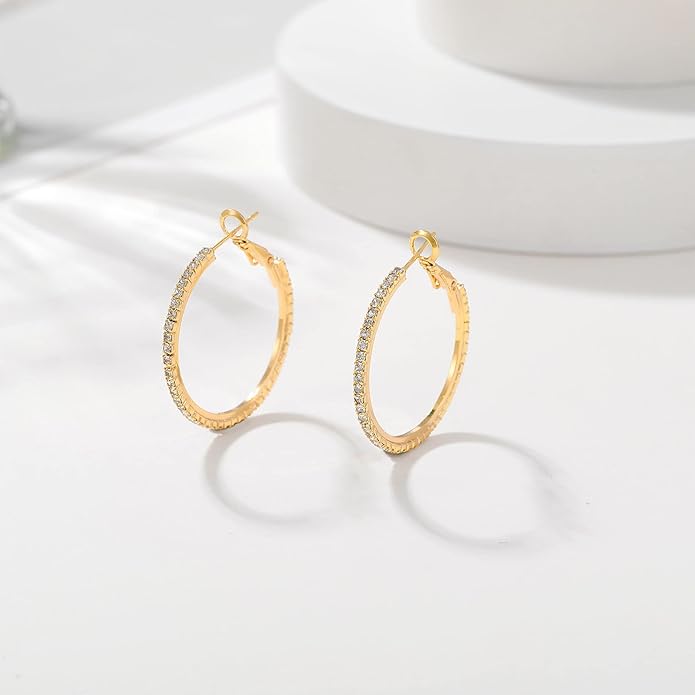 925 Sterling Silver Earrings Large Rhinestone Hoop Earrings Big Cubic Zirconia Hoop Earrings Thin Rhinestones Round Hoop Earrings for Women 20/30/40/50/60/70mm Sparkly Hoops With Crystals for Womens