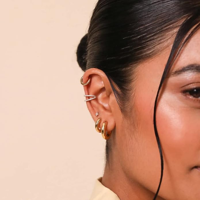 8YEARS Chunky Gold Hoop Earring for Women, 18K Gold Plated Lightweight Thick Hoops, Hypoallergenic Trendy Jewelry for Gift