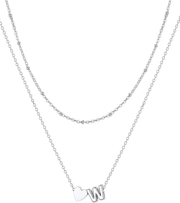 FOCALOOK Layered Initial Necklace for Women, 14K Gold Plated Choker Necklaces Stacks with Initial A-Z, Dainty Silver Heart Pendant Necklace Personalized Birthday Women Jewelry