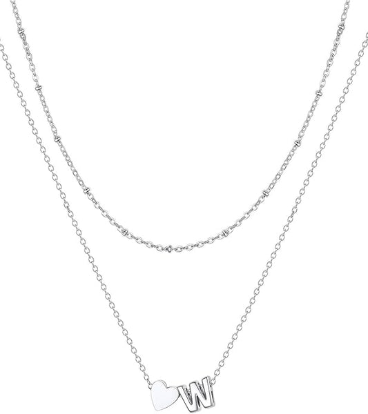 FOCALOOK Layered Initial Necklace for Women, 14K Gold Plated Choker Necklaces Stacks with Initial A-Z, Dainty Silver Heart Pendant Necklace Personalized Birthday Women Jewelry