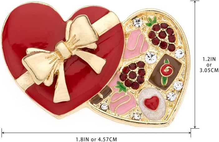 MADISON TYLER Valentines Day Heart Gift Box Brooch | Chocolate Gift Box Pave Rhinestone Heart | Gold Bow Brooch Jewelry for Her | Couples Gifts for Backpacks Valentine's Day