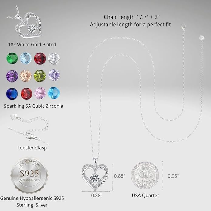 Birthstone Heart Necklace for Women Wife Girlfriend Mom Daughter Gifts S925 Silver Jewelry For Anniversary Rose Gold Gifts For Birthday Christmas Mothers Valentines Day