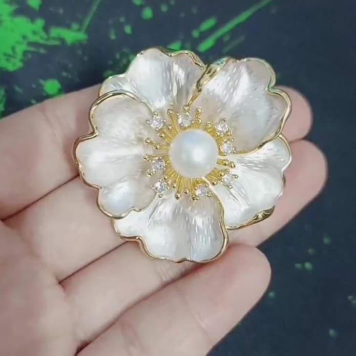 14K Gold Peony Flower Brooch with Freshwater Pearls - Elegant Red Rose Inspired Pin, Ideal for Formal & Bridal Wear, Unique Gift for Her