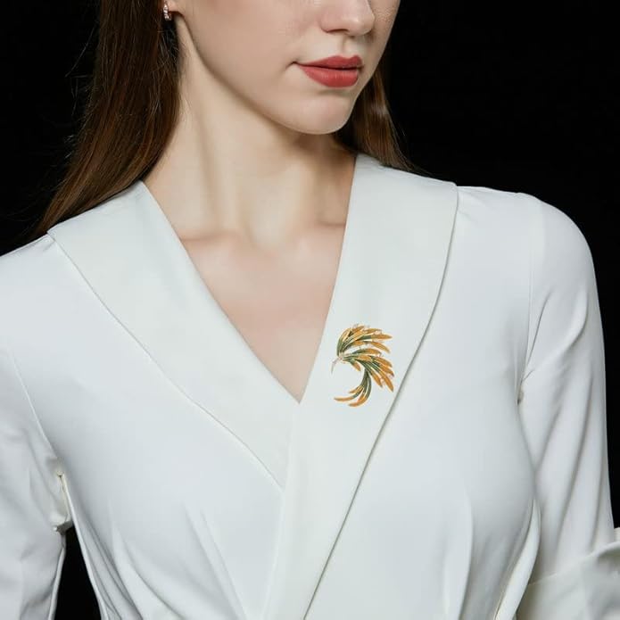 14K Gold Phoenix Tail Feather Brooch, Sparkling Moissanite Enamel Brooch - Beautiful Brooch Jewelry Gift