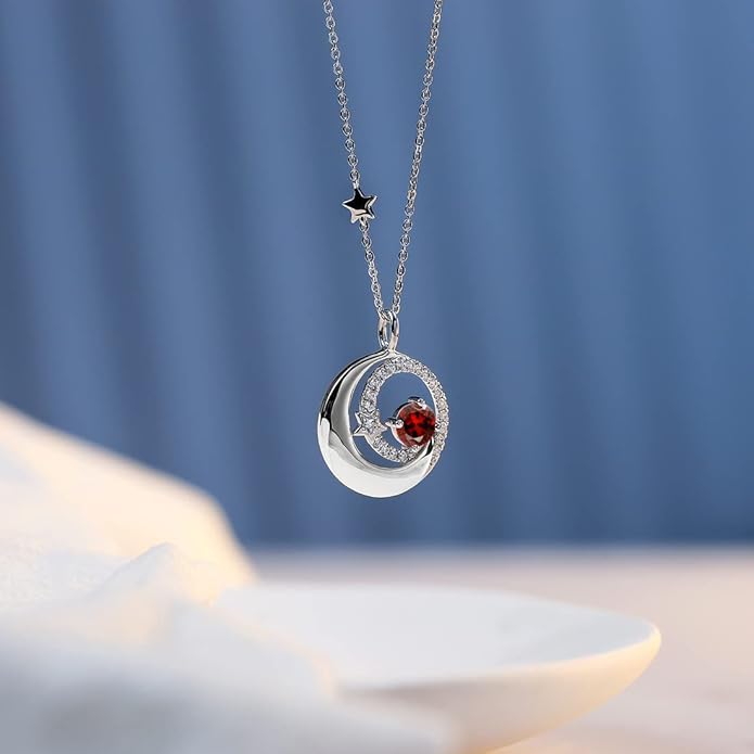FANCIME Birthstone Necklaces 925 Sterling Silver Moon and Star Pendant Fine Jewelry Birthday Christmas Gifts for Mom Wife Her Daughter, Adjustable Chain 16+2"