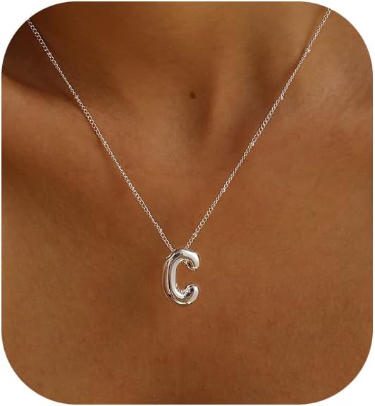 Initial Necklaces for Women, 14k Gold Plated Bubble Letter Necklace Chunky Gold Necklace Dainty Charm Initial Necklaces for Women Trendy Custom Preppy Stocking Stuff Necklace Christmas Gifts