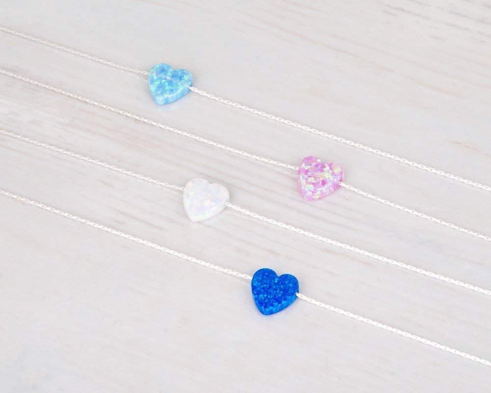 Sterling Silver Choker Necklace with Blue Opal Heart - Designer Handmade Collar Chain for Women- Length: 13.5 inch + 3 inch Extender (sterling silver, blue)