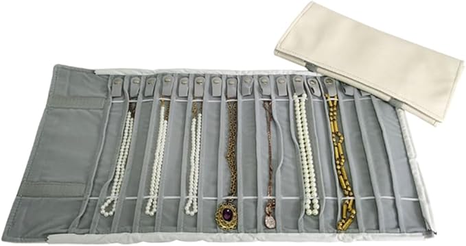 SCIKHEFT Portable Jewelry Roll Untangled Secure Necklace Travel Storage Bag Displays Holder 16 Chain (Gray PU and Gray Velvet)