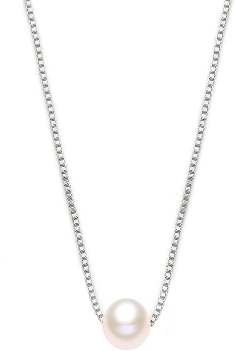 14K Yellow Gold Pearl Necklace for Women, Real Gold Durable Box Chain with Single Cultured Pearl Pendant Necklace Anniversary Birthday Gift for Her, Wife, Mother, Girl 18 Inch