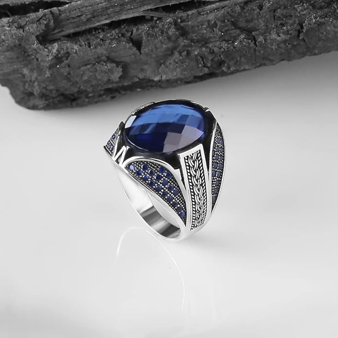 925 Sterling Silver Men Silver Ring with Sapphire GemStone, Handmade Engraved Silver Ring, Gift for him, Minimalist Silver Ring