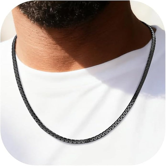 Richsteel Stainless Steel Mens Flat Link Chain Necklace, Black/Gold/Steel Chain for men, 2mm/4mm/6mm Width, No Tarnish & Hypoallergenic Hip Hop Jewelry, 18"-30" Length
