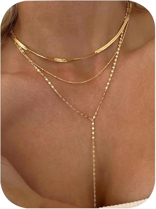 iF YOU Lariat Gold Long Necklaces for Women Trendy, Dainty 14K Gold Plated Drop Chain Necklace, Layered Rosary Beaded Y Necklaces Simple Fashion Jewelry Gifts