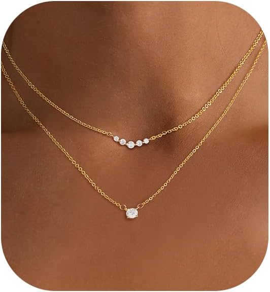 Layered Necklaces for Women,Dainty 14k Gold Plated Choker Necklace Stack Trendy Simple Diamond Pendant Necklace Set for Women Non Tarnish Cute Layering Cubic Zirconia Necklace Fashion Waterproof Jewelry for Women