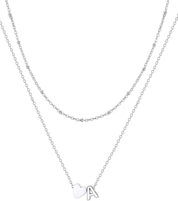 FOCALOOK Layered Initial Necklace for Women, 14K Gold Plated Choker Necklaces Stacks with Initial A-Z, Dainty Silver Heart Pendant Necklace Personalized Birthday Women Jewelry