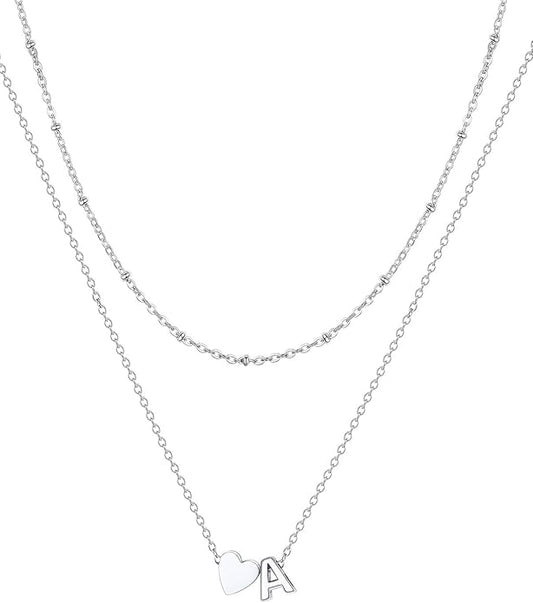 FOCALOOK Layered Initial Necklace for Women, 14K Gold Plated Choker Necklaces Stacks with Initial A-Z, Dainty Silver Heart Pendant Necklace Personalized Birthday Women Jewelry