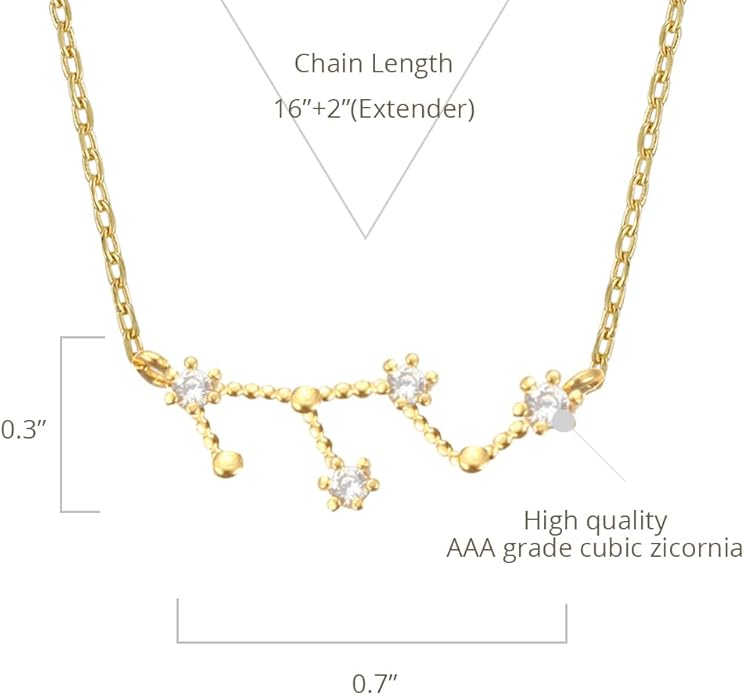 Zodiac 18K Gold Plated CZ Necklace With Message Card, Yellow Gold Color, Anchor Chain, Best Gift Necklace, Size 16 inch + 2 inch Extender, Pendant, Constellation, Gift Card