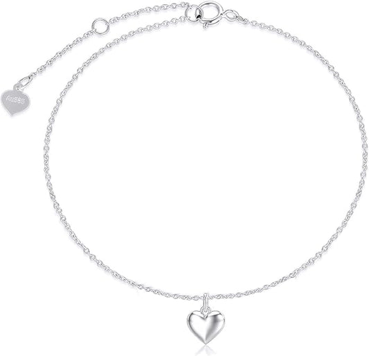 SISGEM Real 14k Gold Puff Heart Anklet for Women, Love Ankle Bracelet Foot Jewelry Gifts for Her, 9+1+1 Inch