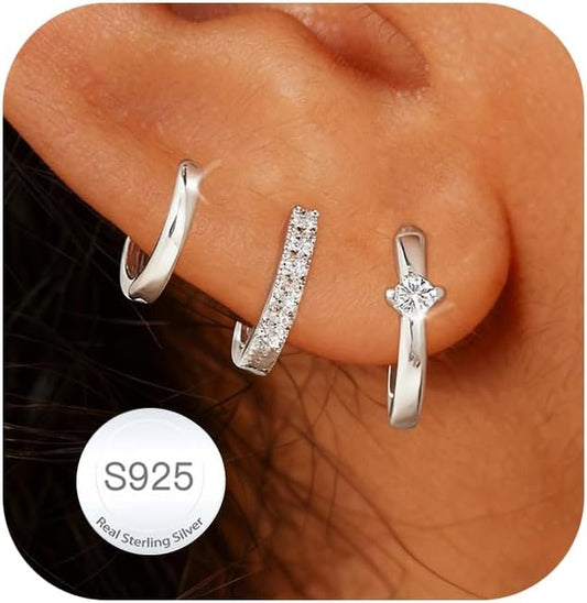 DORANA Valentines Day Gift 3 Pairs 925 Sterling Silver Earrings for Women Girls Non Tarnish Small Hypoallergenic Huggie Hoops Cartilage Stack Earring Sets for Multiple Piercing