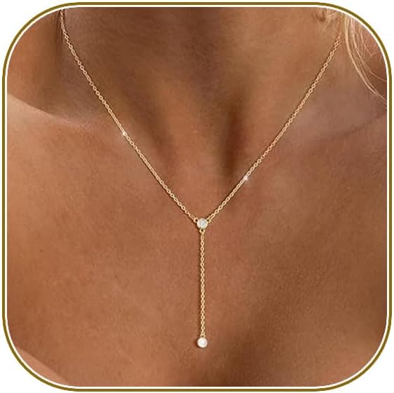 Lariat Gold Necklace for Women, Dainty Long Necklace 14k Gold Plated/Silver Y-Shaped Layered Beaded Chain Drop Necklaces for Women Trendy Simple Gold Jewelry for Women Gifts