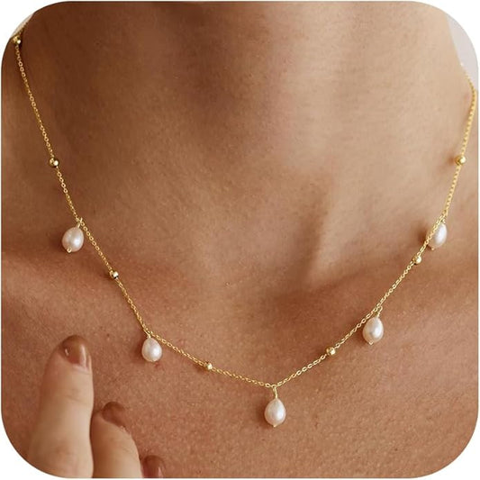 Gold Pearl Necklaces for Women Trendy, 14K Gold Plated Dainty Necklace Simple Layered Pearl Necklaces for Women Trendy Wedding Birthday Jewelry