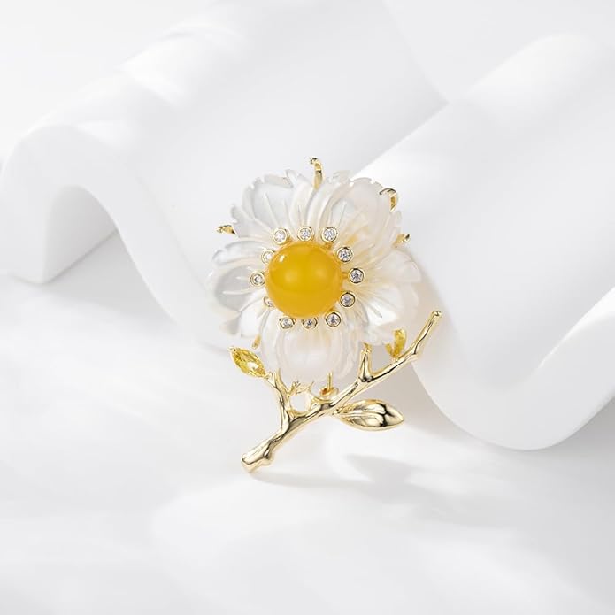 14K Gold Natural Freshwater Pearl Flower Moissanite Brooch, Minimalist Camellia Corsage with Turquoise/Agate, Unique Pin for Suit Accessory, An Elegant Gift