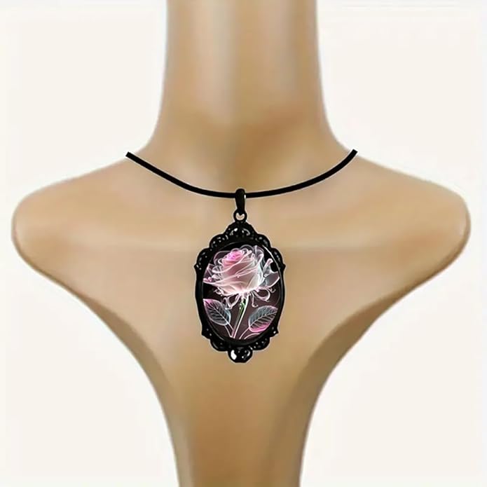 Gothic Rose Glass Necklace for Women Vintage Satan Demon Pendant Halloween Roses Necklaces Dark Punk Style Necklace Victoria Emboss Necklaces Mystic Witch Jewelry Gift Accessories