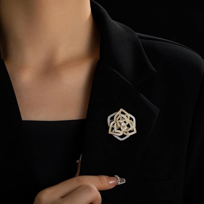 14K Gold Mother of Pearl Camellia Brooch, Luxury Moissanite Flower Pin, Sophisticated Accessory for Dinners and Parties