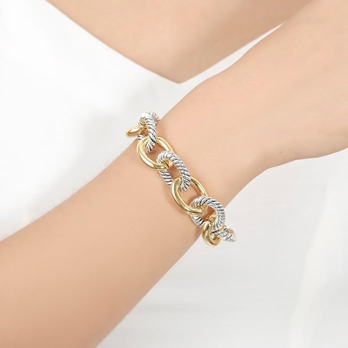 UNY JEWEL Twisted Cable Wire Link Chain Bracelet Two Tone Designer Brand Inspired Women Jewelry Valentine (2 Tone)
