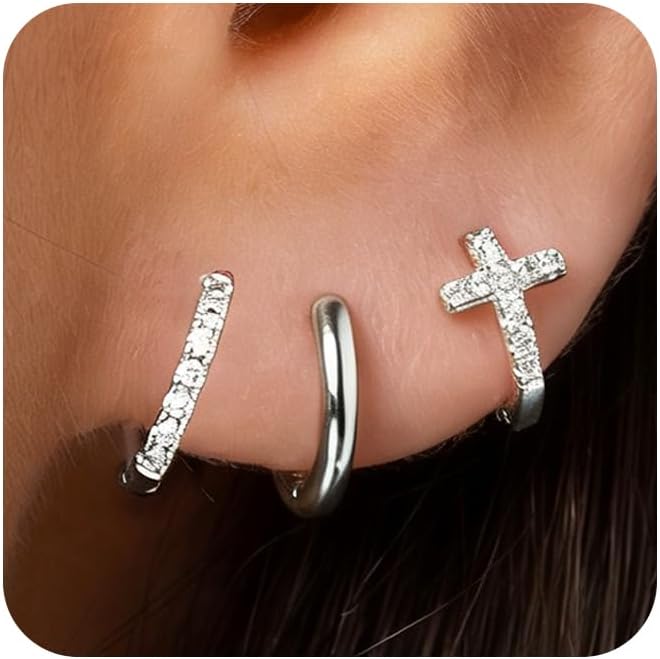 DORANA Valentines Day Gift 3 Pairs 925 Sterling Silver Earrings for Women Girls Non Tarnish Small Hypoallergenic Huggie Hoops Cartilage Stack Earring Sets for Multiple Piercing