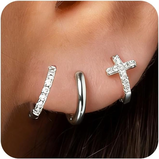 DORANA Valentines Day Gift 3 Pairs 925 Sterling Silver Earrings for Women Girls Non Tarnish Small Hypoallergenic Huggie Hoops Cartilage Stack Earring Sets for Multiple Piercing