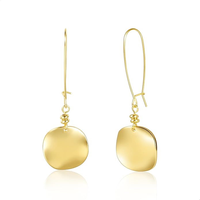 14K Gold Dangle Earrings for Women，Lightweight Circle Disc Coin Geometric Flat Brushed Drop Earrings, Hypoallergenic Leverback Earrings S925 Jewelry