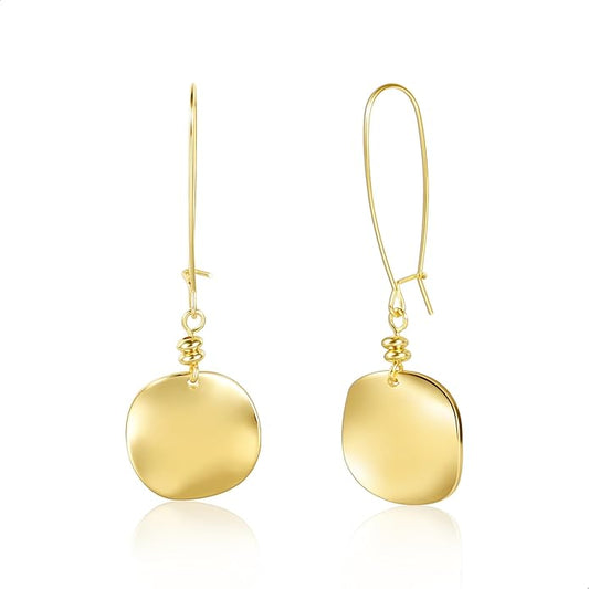 14K Gold Dangle Earrings for Women，Lightweight Circle Disc Coin Geometric Flat Brushed Drop Earrings, Hypoallergenic Leverback Earrings S925 Jewelry