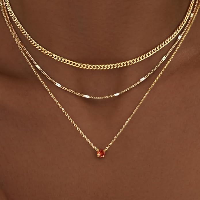 WomenGifts Layered Gold Necklaces for Women, 14K Gold Sterling Silver Plated Dainty Pendant Necklace Set with Cubic Zirconia Circle, Chunky Stackable Cuban Chain Choker, Trendy Personalized Birthstone Jewelry Gift Non Tarnish