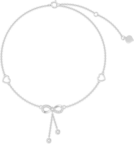 14K Solid Gold Heart Infinity Anklet for Women,Real Gold Dainty Moissanite Infinity Heart Anklets Beads Station Anklet Foot Link Anniversary Birthday Jewelry Gifts for Wife Mom 8''+2''