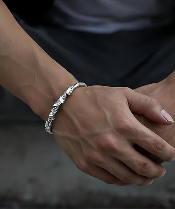 Kim Carrey S925 Sterling Silver Bracelet, Open Bangle Cuff Design, Men's Stacked Bracelets Gift Jewelry for My Man