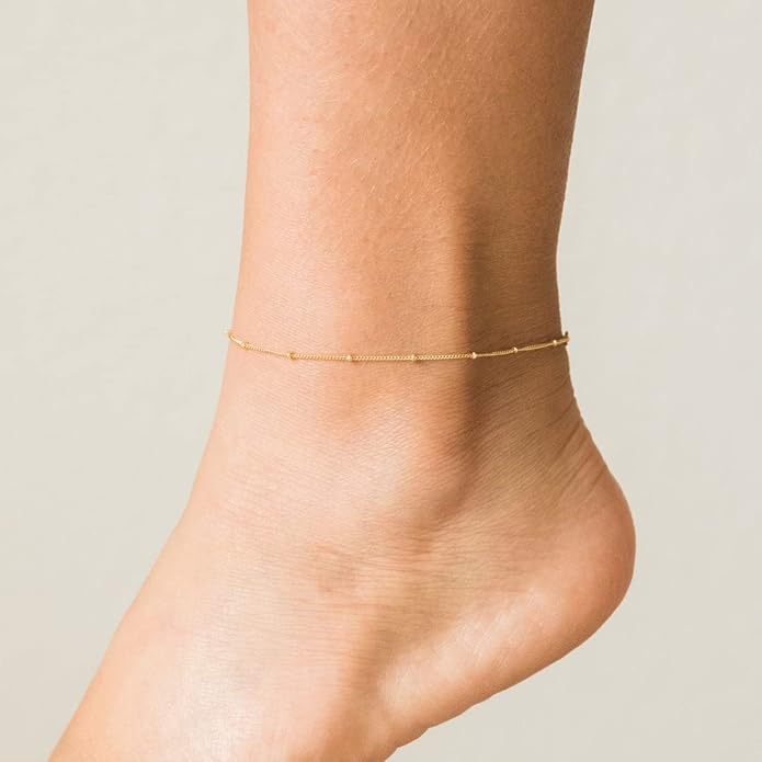 Dainty Ankle Bracelets for Women 18K Gold Plated Satellite Beaded Herringbone Chain Anklets Simple Lip Chain Anklet Minimalist Summer Beach Foot Jewelry Christmas