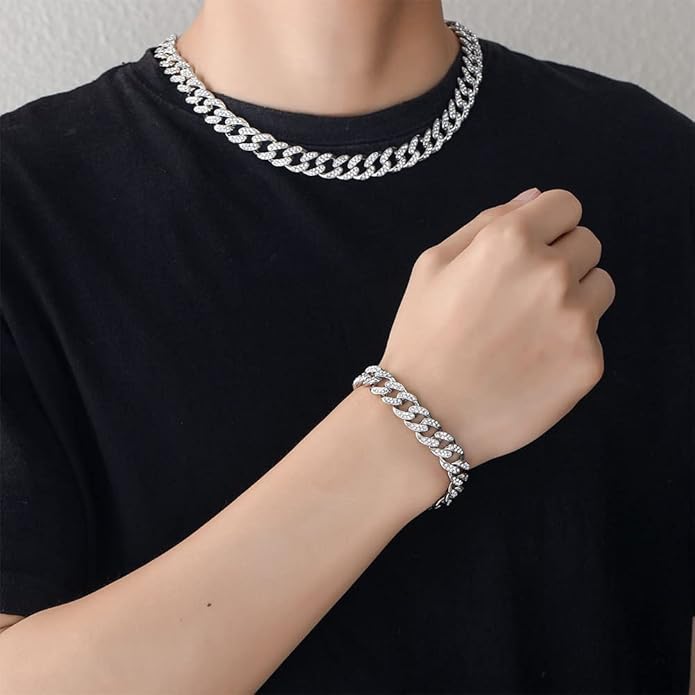 EMESLY Miami Cuban Link Chain 14K Gold Plated Necklace (16, 18, 20, 22, 24, 30 Inches Length); Hip Hop Bracelet (8" Length) for Men & Women; Perfect Iced Out Bling Jewelry Gift